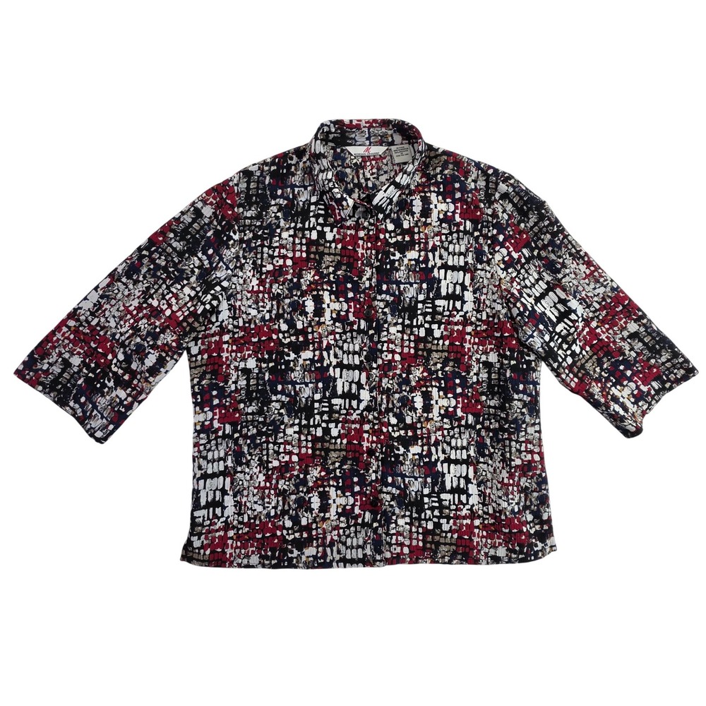 Morgan Crossing Womens 12P Red Blue Abstract Mosaic Plisse 3/4 Sleeve Blouse